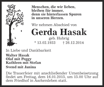 Traueranzeige von Gerda Hasak von Super Sonntag Aschersleben