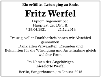 Traueranzeige von Fritz Werfel von Mitteldeutsche Zeitung Sangerhausen