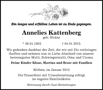 Traueranzeige von Annelies Kattenberg von Mitteldeutsche Zeitung Köthen