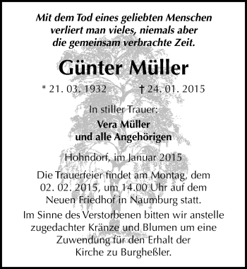 Traueranzeige von Günter Müller von Mitteldeutsche Zeitung Naumburg/Nebra
