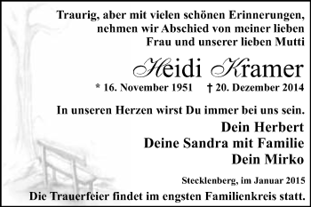 Traueranzeige von Heidi Kramer von WVG - Wochenspiegel Quedlinburg