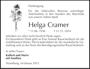 Traueranzeige von Helga Cramer von Mitteldeutsche Zeitung Naumburg/Nebra