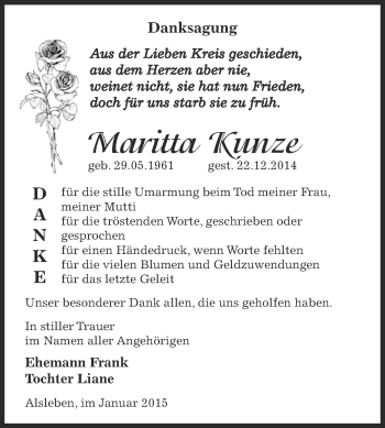 Traueranzeige von Maritta Kunze von Super Sonntag Bernburg