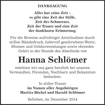 Traueranzeige von Hanna Schlömer von Super Sonntag Bernburg