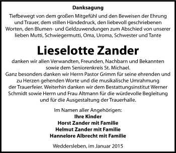 Traueranzeige von Lieselotte Zander von Mitteldeutsche Zeitung Quedlinburg
