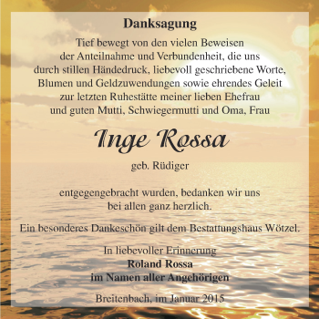 Traueranzeige von Inge Rossa von Super Sonntag Zeitz