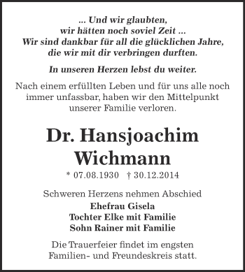 Traueranzeige von Hansjoachim Wichmann von WVG - Wochenspiegel Dessau / Köthen