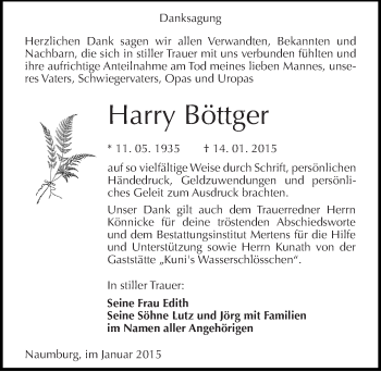 Traueranzeige von Harry Böttger von Mitteldeutsche Zeitung Naumburg/Nebra