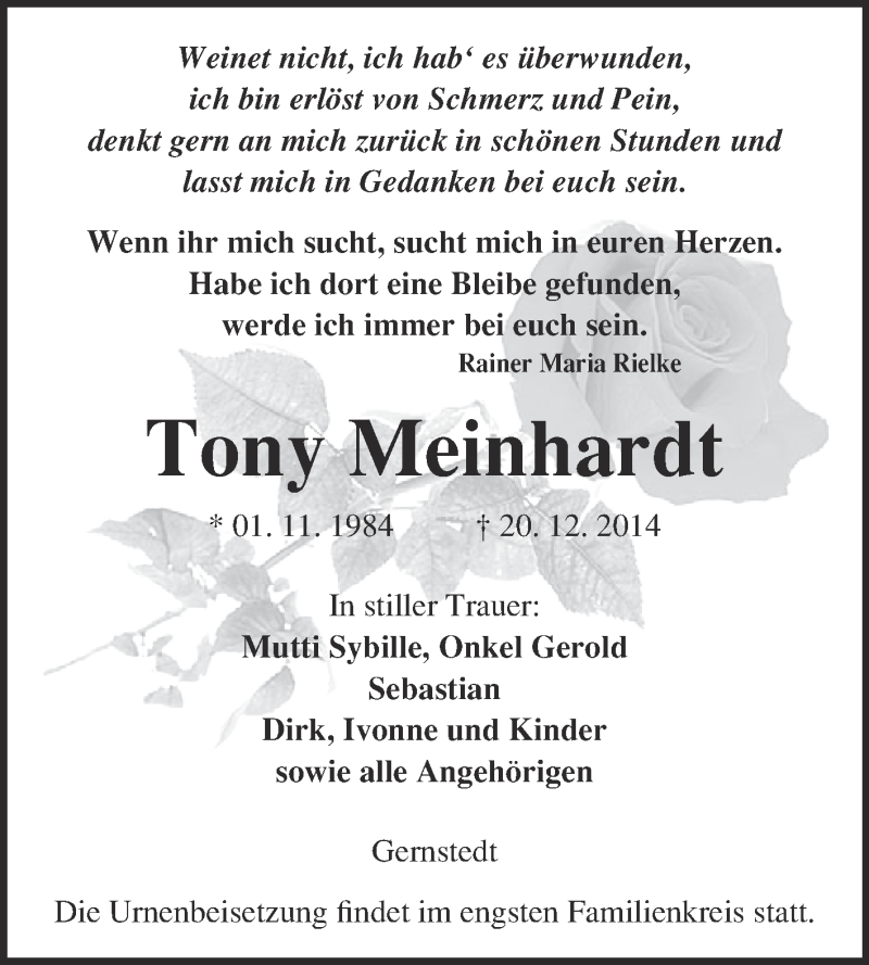  Traueranzeige für Tony Meinhardt vom 07.01.2015 aus WVG - Wochenspiegel NMB / WSF / ZTZ