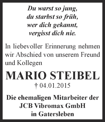 Traueranzeige von Mario Steibel von Super Sonntag Aschersleben