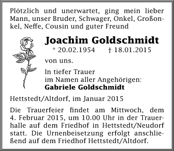 Traueranzeige von Joachim Goldschmidt von Mitteldeutsche Zeitung Mansfelder Land