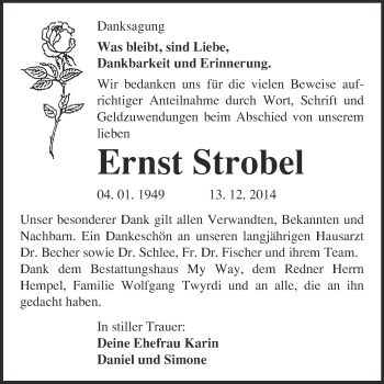 Traueranzeige von Ernst Strobel von WVG - Wochenspiegel NMB / WSF / ZTZ
