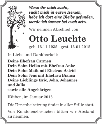 Traueranzeige von Otto Leuchte von WVG - Wochenspiegel Dessau / Köthen