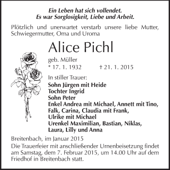 Traueranzeige von Alice Pichl von Super Sonntag SGH Mansf. Land