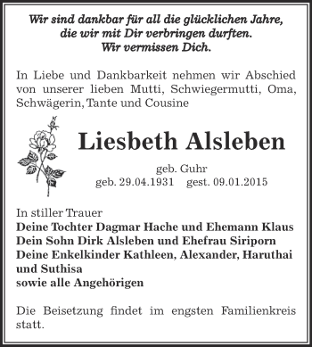 Traueranzeige von Liesbeth Alsleben von Super Sonntag Bernburg