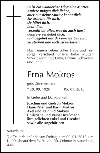 Traueranzeige von Erna Mokros von Mitteldeutsche Zeitung Naumburg/Nebra
