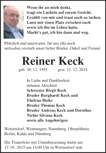 Traueranzeige von Reiner Keck von WVG - Wochenspiegel NMB / WSF / ZTZ