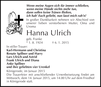 Traueranzeige von Hanna Ulrich von Mitteldeutsche Zeitung Quedlinburg