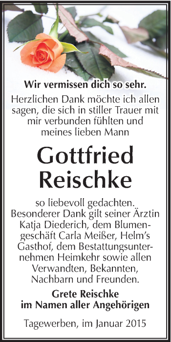 Traueranzeige von Gottfried Reischke von Mitteldeutsche Zeitung Weißenfels