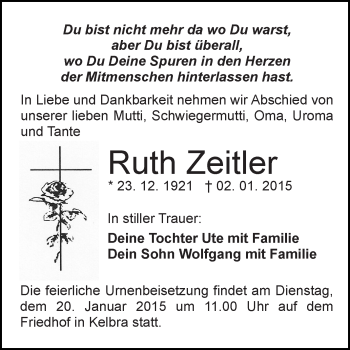 Traueranzeige von Ruth Zeltler von Super Sonntag SGH Mansf. Land