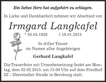 Traueranzeige von Irmgard Langkafel von Super Sonntag Bernburg