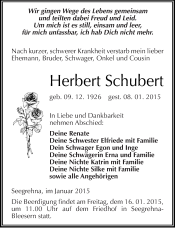 Traueranzeige von Herbert Schubert von Mitteldeutsche Zeitung Wittenberg