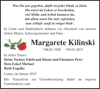 Traueranzeige von Margarete Kilinski von Super Sonntag Merseburg