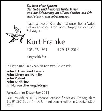 Traueranzeige von Kurt Franke von Mitteldeutsche Zeitung Merseburg/Querfurt