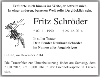 Traueranzeige von Fritz Schröder von Super Sonntag Merseburg