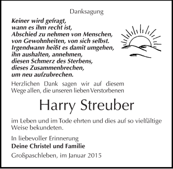 Traueranzeige von Harry Streuber von Mitteldeutsche Zeitung Köthen