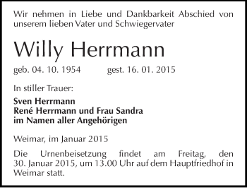 Traueranzeige von Willy Herrmann von Mitteldeutsche Zeitung Sangerhausen