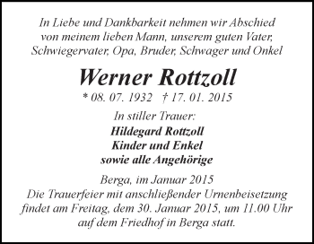 Traueranzeige von Werner Rottzoll von WVG - Wochenspiegel SGH
