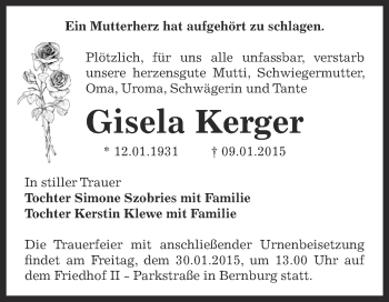 Traueranzeige von Gisela Kerger von Super Sonntag Bernburg