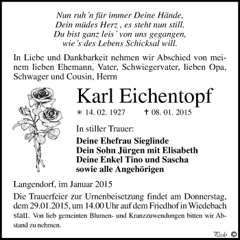 Traueranzeige von Karl Eichentopf von WVG - Wochenspiegel NMB / WSF / ZTZ