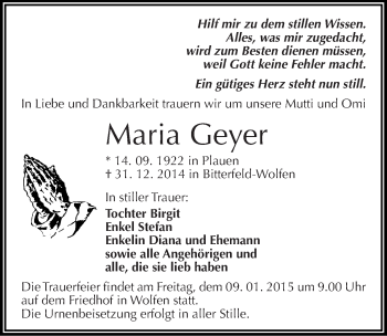 Traueranzeige von Maria Geyer von Mitteldeutsche Zeitung Bitterfeld