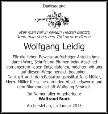 Traueranzeige von Wolfgang Leidig von WVG - Wochenspiegel Aschersleben