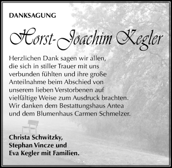 Traueranzeige von Horst-Joachim Kegler von Mitteldeutsche Zeitung Zeitz