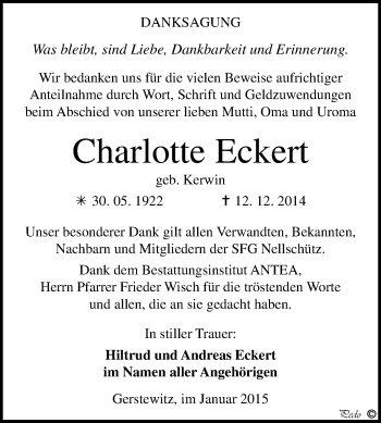 Traueranzeige von Charlotte Eckert von WVG - Wochenspiegel NMB / WSF / ZTZ