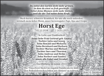 Traueranzeige von Horst Ege von WVG - Wochenspiegel Quedlinburg