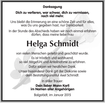 Traueranzeige von Helga Schmidt von Mitteldeutsche Zeitung Naumburg/Nebra