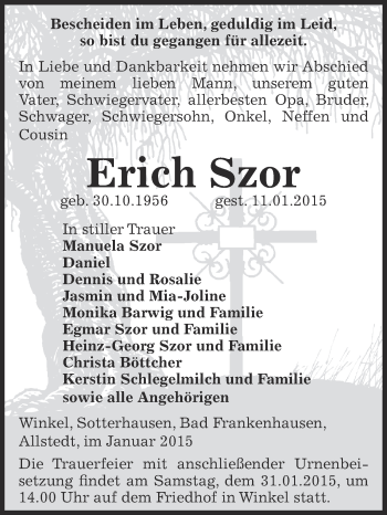 Traueranzeige von Erich Szor von Super Sonntag SGH Mansf. Land