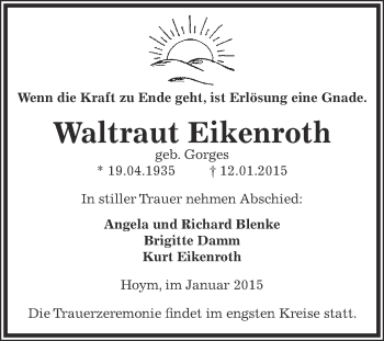 Traueranzeige von Waltraut Eikenroth von Super Sonntag Aschersleben