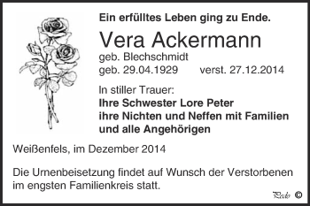 Traueranzeige von Vera Ackermann von WVG - Wochenspiegel NMB / WSF / ZTZ