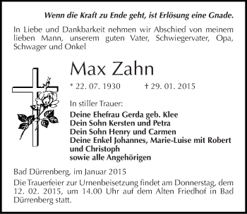Traueranzeige von Max Zahn von Mitteldeutsche Zeitung Merseburg/Querfurt