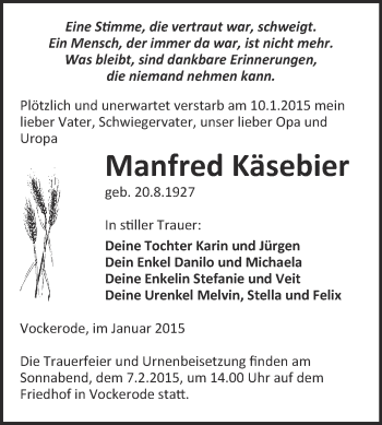 Traueranzeige von Manfred Käsebier von WVG - Wochenspiegel Wittenberg