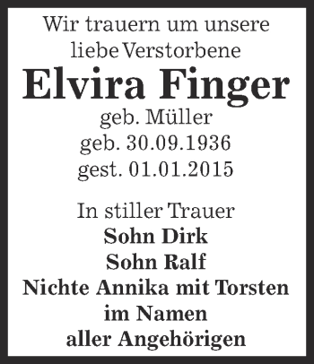 Traueranzeige von Elvira Finger von Super Sonntag Bernburg