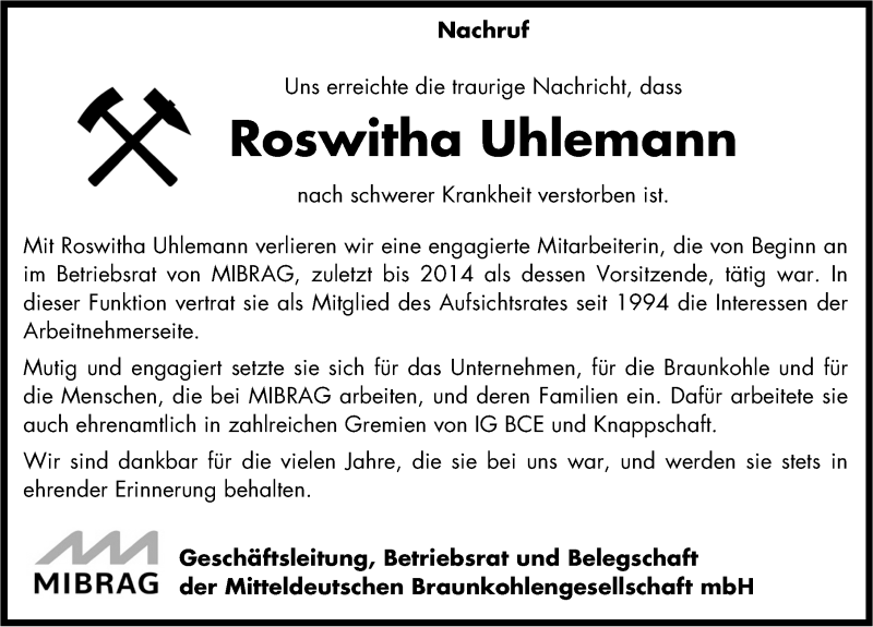  Traueranzeige für Roswitha Uhlemann vom 31.01.2015 aus Mitteldeutsche Zeitung