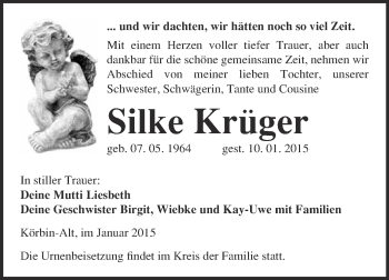 Traueranzeige von Silke Krüger von WVG - Wochenspiegel Wittenberg
