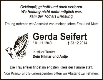 Traueranzeige von Gerda Seifen von WVG - Wochenspiegel Dessau / Köthen