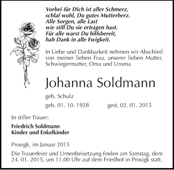 Traueranzeige von Johanna Soldmann von Mitteldeutsche Zeitung Köthen